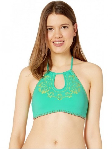 Sets Women's High Neck Keyhole Halter Hipster Bikini Swimsuit Top - Turquoise//Papel Picado - CC18I3M093L $50.78