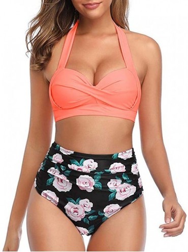 Sets Women High Waisted Bikini Set Halter Two Piece Strappy Swimsuits - Pink B - C3194XMUY6Z $16.72
