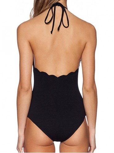 One-Pieces Women's Bathing Suit Scalloped High Neck Halter Backless 1 Piece Swimsuit - Black - CR12MAZARP6 $27.14