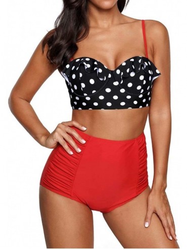 Sets Vintage High Waist Floral Women's Bikini Set Strappy Push Up Bathing Suit - Polka Top With Red Bottom - CE17YD5S79E $38.08