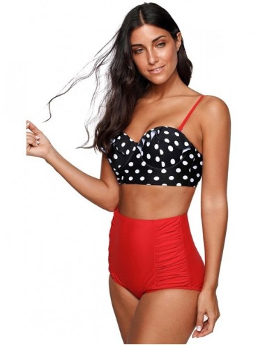 Sets Vintage High Waist Floral Women's Bikini Set Strappy Push Up Bathing Suit - Polka Top With Red Bottom - CE17YD5S79E $15.83