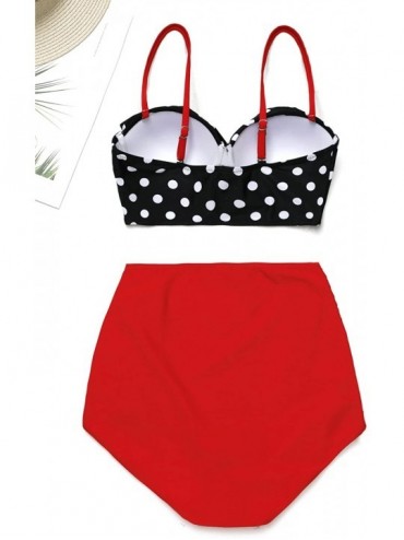 Sets Vintage High Waist Floral Women's Bikini Set Strappy Push Up Bathing Suit - Polka Top With Red Bottom - CE17YD5S79E $15.83