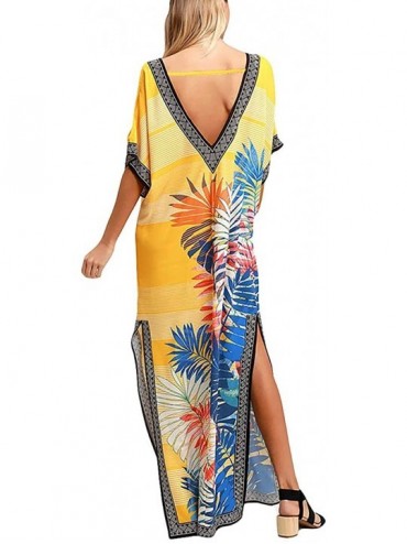 Cover-Ups Women's Swimwear Turkish Kaftans Floral Print Swimsuit Cover up Caftan Beach Maxi Long Dress - Yellow - CN1900ZHWLT...