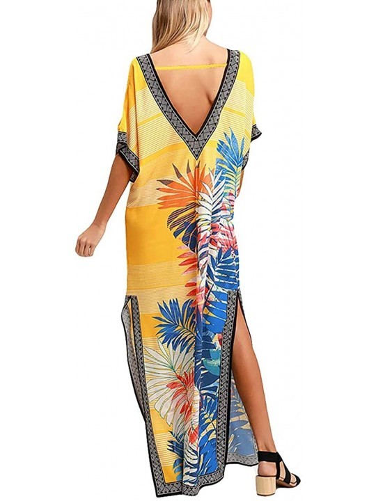 Cover-Ups Women's Swimwear Turkish Kaftans Floral Print Swimsuit Cover up Caftan Beach Maxi Long Dress - Yellow - CN1900ZHWLT...