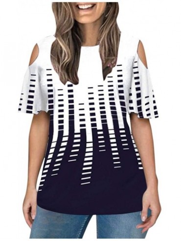 Sets Fashion Women's O-Neck Print Patchwork Off Shoulder Short Sleeves Blouse Tops - Navy - C4199Q235YS $20.98