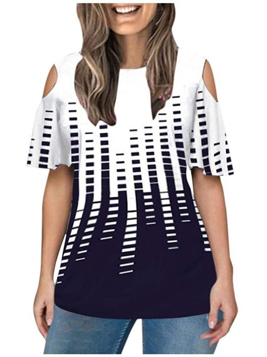 Sets Fashion Women's O-Neck Print Patchwork Off Shoulder Short Sleeves Blouse Tops - Navy - C4199Q235YS $20.98