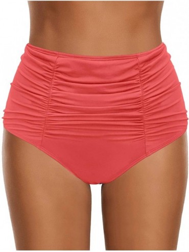 Tankinis Women's High Waisted Swim Bottom Ruched Bikini Tankini Swimsuit Briefs - E 825-10 Coral - CG19E4OQORL $37.40