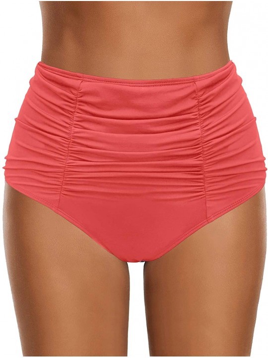 Tankinis Women's High Waisted Swim Bottom Ruched Bikini Tankini Swimsuit Briefs - E 825-10 Coral - CG19E4OQORL $25.62