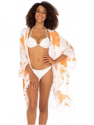 Cover-Ups Womens Floral Swimsuit Bikini Cover Up Boho Beach Kimono Swimwear Bathing Suit Cover Resort Wear - Coral Peach - CP...