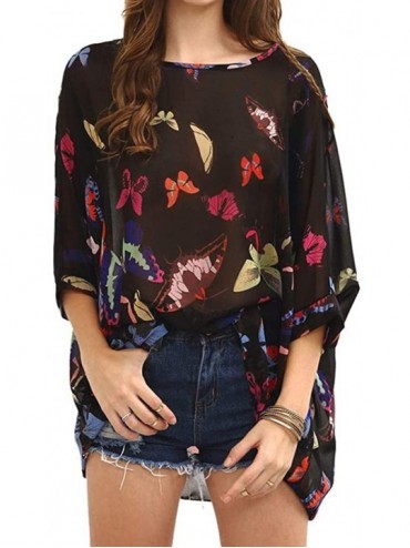 Cover-Ups Women Chiffon Blouse Floral Batwing Sleeve Beach Cover Up Loose Tunic Shirt Tops - 4262 - CF18SQEARUW $29.28