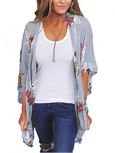 Cover-Ups Womens Kimono Cardigans Floral Print Chiffon Beach Cover ups Loose Casual Tops - Purple Grey - CL18LL9DS4A $14.62