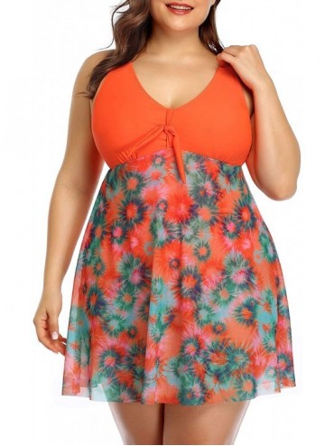One-Pieces Womens Plus Size Swimdress One Piece Skirt Swimsuits Mesh Tummy Control Bathing Suits - Orange - C0193LL5C8K $48.54