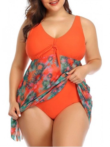 One-Pieces Womens Plus Size Swimdress One Piece Skirt Swimsuits Mesh Tummy Control Bathing Suits - Orange - C0193LL5C8K $29.97