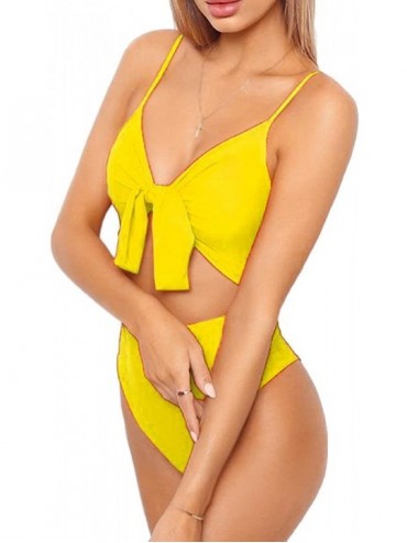 One-Pieces Womens High Waisted Bikini Spaghetti Strap Tie Knot Front Cutout High Cut One Piece Swimsuit - Yellow - CM18NKKCOO...