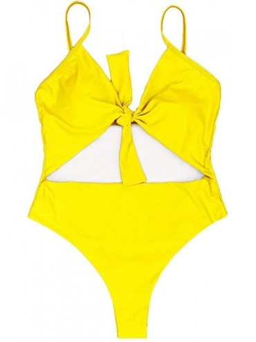 One-Pieces Womens High Waisted Bikini Spaghetti Strap Tie Knot Front Cutout High Cut One Piece Swimsuit - Yellow - CM18NKKCOO...