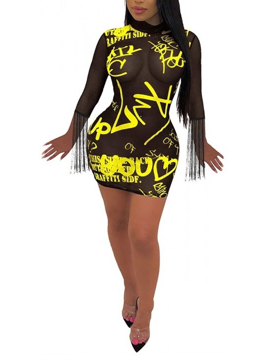 Cover-Ups Women Sexy Fringe See Through Mesh Long Sleeve Bodysuit Cover Up Turtleneck Mini Cocktail Dress Letter Print yellow...