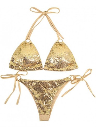Sets Women 2 PCS Triangle Bikini Set Sexy Sequin Glitter Beachwear Adjustable Straps Summer Swimwear - Gold - CP18QAWQWC8 $28.90