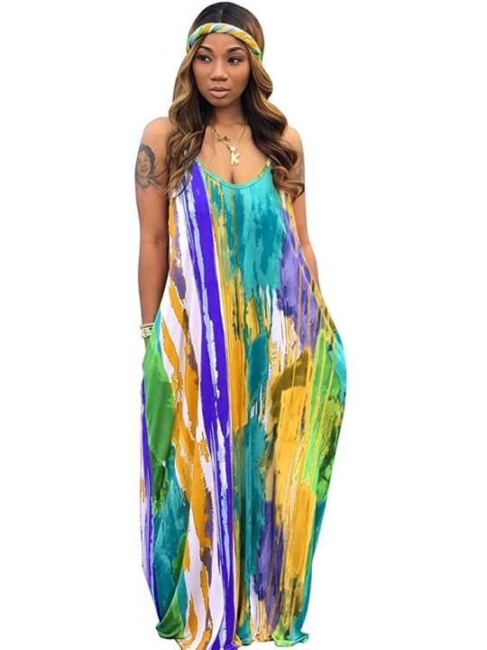 Cover-Ups Women's Tie Dye Loose Stripes Sundress Baggy Sexy Spaghetti Straps Boho Maxi Dress with Pockets Belt - D-blue - CY1...