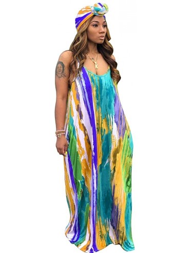 Cover-Ups Women's Tie Dye Loose Stripes Sundress Baggy Sexy Spaghetti Straps Boho Maxi Dress with Pockets Belt - D-blue - CY1...