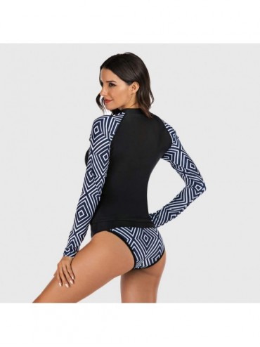Rash Guards Women's Long Sleeves Rash Guard Athletic Swimwear Two Piece Aztec Tankini Sets Swimsuit - 01 Geo Black B - CN194L...