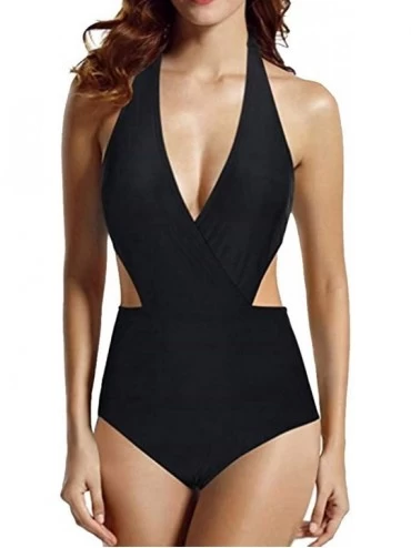One-Pieces Women's Surplice Neckline High Waisted Halter One Piece Monokini Swimsuit Swimwear Bikini Bathing Suit - Black - C...
