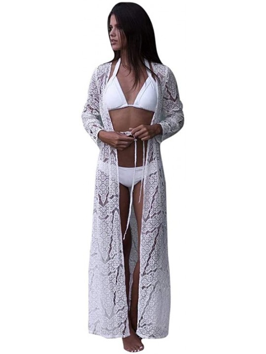 Cover-Ups Womens Lace Kimono Cardigan Swimsuit Open Front Long Cover Up Shawl Long Sleeve Bikini Beachwear Maxi Dress White -...