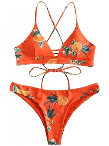 Sets Women's Printed Swimsuits Plain V Neck Top Leaf Brief Two-Piece Bikini Set Beachwear Swimwear - Orange - CG194MM3N0C $21.82