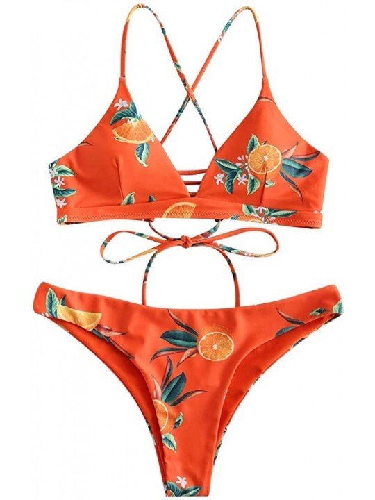 Sets Women's Printed Swimsuits Plain V Neck Top Leaf Brief Two-Piece Bikini Set Beachwear Swimwear - Orange - CG194MM3N0C $12.25