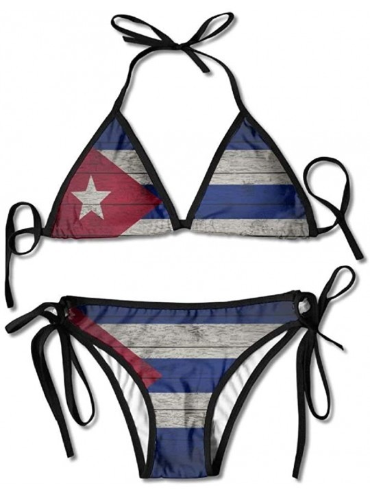 Sets Retro Cuban Flag Women's Two Pieces Bikini Set Swimsuit Bathing Suits Padded Top Side Bottom Tie Swimwear - Black - CY18...