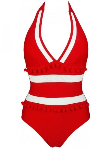 One-Pieces Women's Plunging Neck Striped Mesh One Piece Backless Bather Swimsuit Pom Pom Tassel Swimwear - Red - C0194REEMRH ...