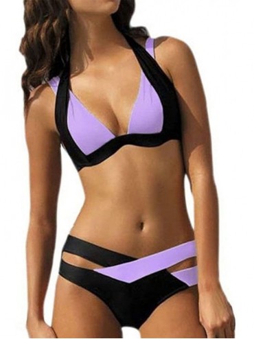 Sets Women's Wrap Top Bottom Bathing Suit Two Piece Sexy Swimsuit Padding Bikini Set Beach Swimwear Bathing Suit Purple 1 - C...
