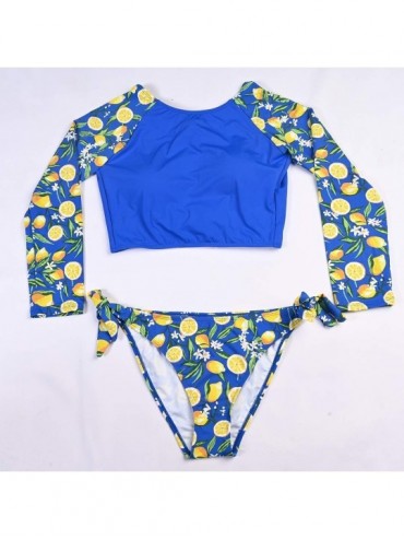Rash Guards Women's Rash Guard Floral Long Sleeve 2piece Swimsuit Backless Tankini Lace Up Crop Tops - Dark Blue - CD196R0R7X...