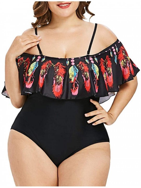 One-Pieces Plus Size Womens One Piece Monokini Feather Print Ruffles Swimwear Padded Tummy Control Swimsuit - Black - CP18U4Q...