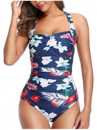 One-Pieces Women's One Piece Swimsuit Plus Size Halter Ruched Monokini Bathing Suit Tummy Control Padded Push Up Swimsuit Bik...