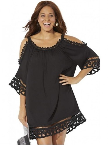 Cover-Ups Women's Plus Size Vera Crochet Cold Shoulder Cover Up Dress - Black - CZ18UTH484S $75.56