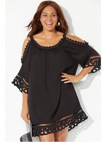 Cover-Ups Women's Plus Size Vera Crochet Cold Shoulder Cover Up Dress - Black - CZ18UTH484S $44.74