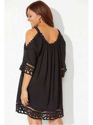 Cover-Ups Women's Plus Size Vera Crochet Cold Shoulder Cover Up Dress - Black - CZ18UTH484S $44.74