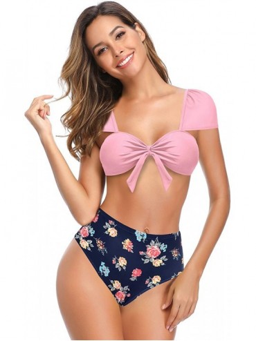 Sets Women's Push-up Swimsuit Cute Double Shoulder Bandeau Bikini Beachwear - Pink - C3198AWQ9TH $51.17
