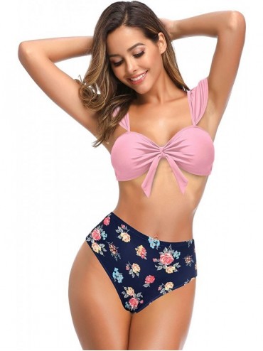 Sets Women's Push-up Swimsuit Cute Double Shoulder Bandeau Bikini Beachwear - Pink - C3198AWQ9TH $24.37