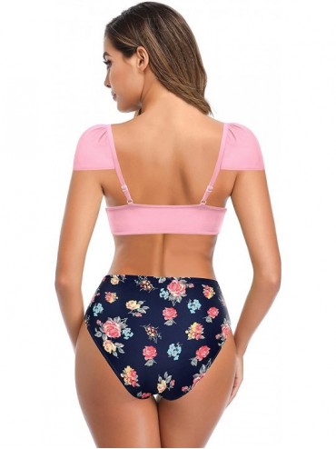 Sets Women's Push-up Swimsuit Cute Double Shoulder Bandeau Bikini Beachwear - Pink - C3198AWQ9TH $24.37