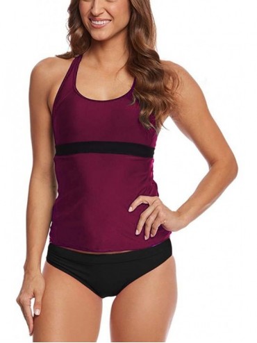Tankinis Women's Racerback Solid Tankini Top Swimsuit Black Simply Bathing Suits - Wine Red-set - CC194UIXK8O $23.43