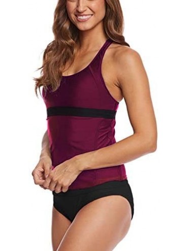 Tankinis Women's Racerback Solid Tankini Top Swimsuit Black Simply Bathing Suits - Wine Red-set - CC194UIXK8O $23.43