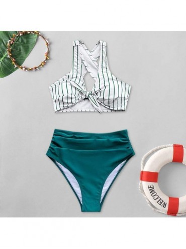 Sets Women's Bikini Sets Swimsuits Women's Teal Solid Striped Shirring High Waisted Bikini Sets Monokini Swimwear Green - C41...