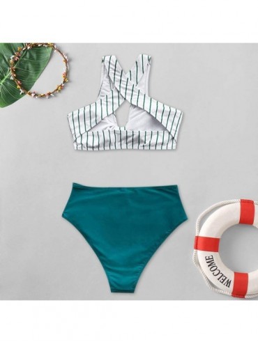 Sets Women's Bikini Sets Swimsuits Women's Teal Solid Striped Shirring High Waisted Bikini Sets Monokini Swimwear Green - C41...