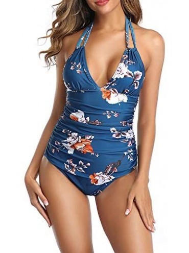 One-Pieces Women's Halter Plunging V Neck Print Tummy Control Ruched One Piece Swimsuit - Blue - CS196N5WRMW $19.93