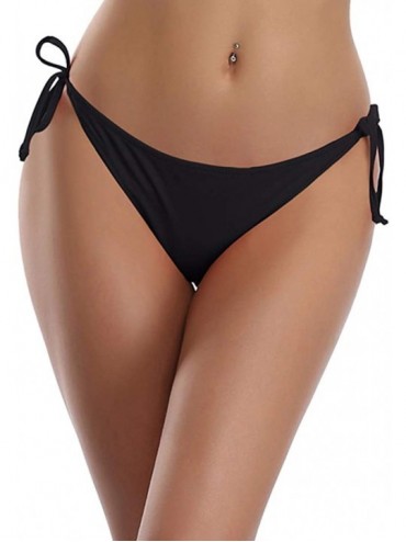 Tops Womens Brazilian Low Rise Tie-Side Ruched Back Thong Bikini Bottom Swim Brief - Manhattan Black - C018Q008I3N $15.04