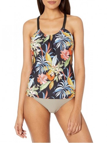 Tankinis Women's Shirred Swimsuit Tankini Top - Tropic Black - CP18Y2W4QHI $37.77