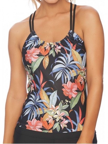 Tankinis Women's Shirred Swimsuit Tankini Top - Tropic Black - CP18Y2W4QHI $14.91