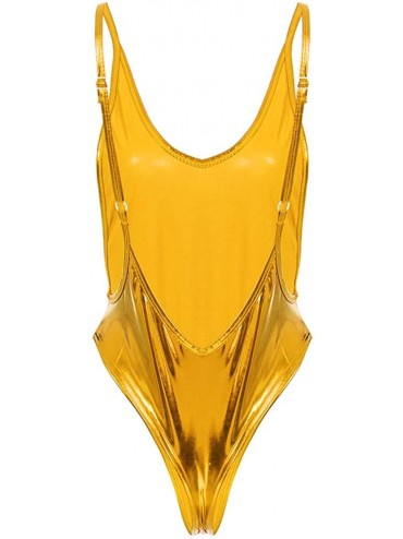 One-Pieces Women's Metallic One Piece High Cut Low U Back Bodysuit Swimsuit Leotard Monokini Swimwear Bathing Suit - Gold a -...