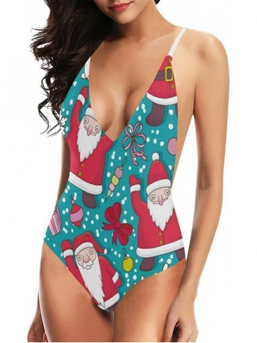 One-Pieces Christmas Santa Claus and Reindeer V-Neck Women Lacing Backless One-Piece Swimsuit Bathing Suit XS-3XL - Design 4 ...